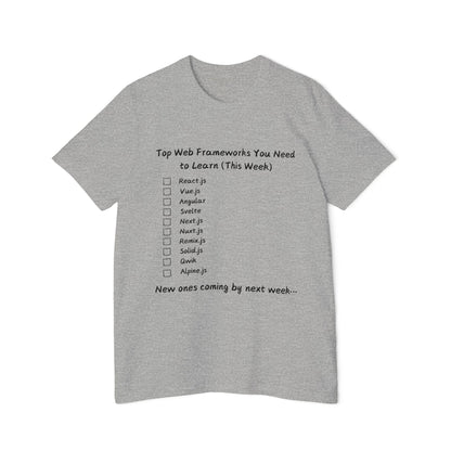 Endless Web Frameworks Developer Humor T Shirt | Frontend Meme Tees | Usha Creations