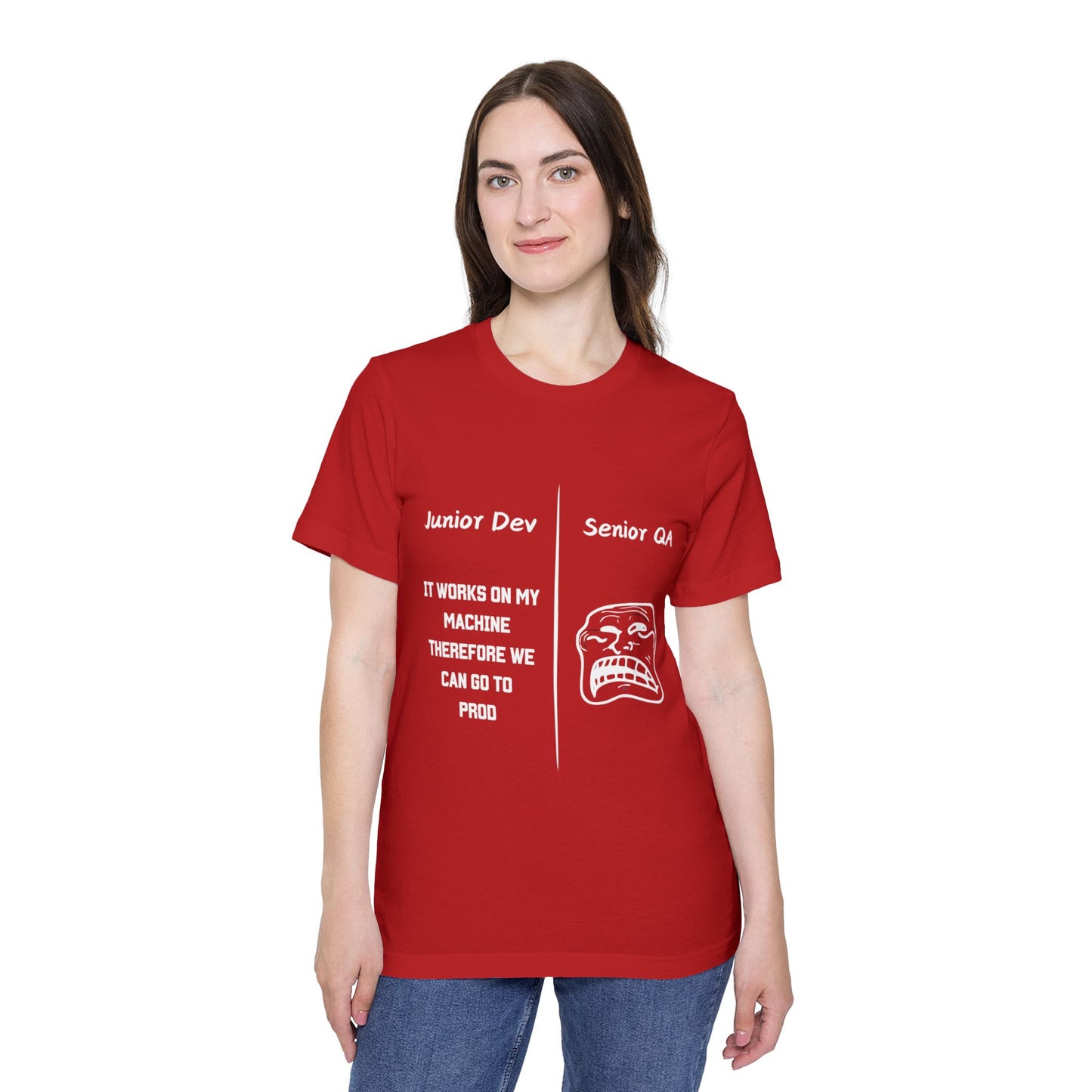 Junior Dev vs Senior QA Software Deployment Humor T Shirt | Tech Team Meme Tees | Usha Creations