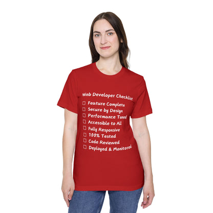 Web Developer Comprehensive Checklist Humor T Shirt | Full-Stack Meme Tees | Usha Creations