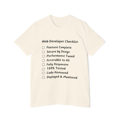 Web Developer Comprehensive Checklist Humor T Shirt | Full-Stack Meme Tees | Usha Creations