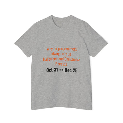 Why Do Programmers Always Mix Up Halloween and Christmas? Because Oct 31 == Dec 25 | Funny Tech T-Shirt for Developers | Usha Creations