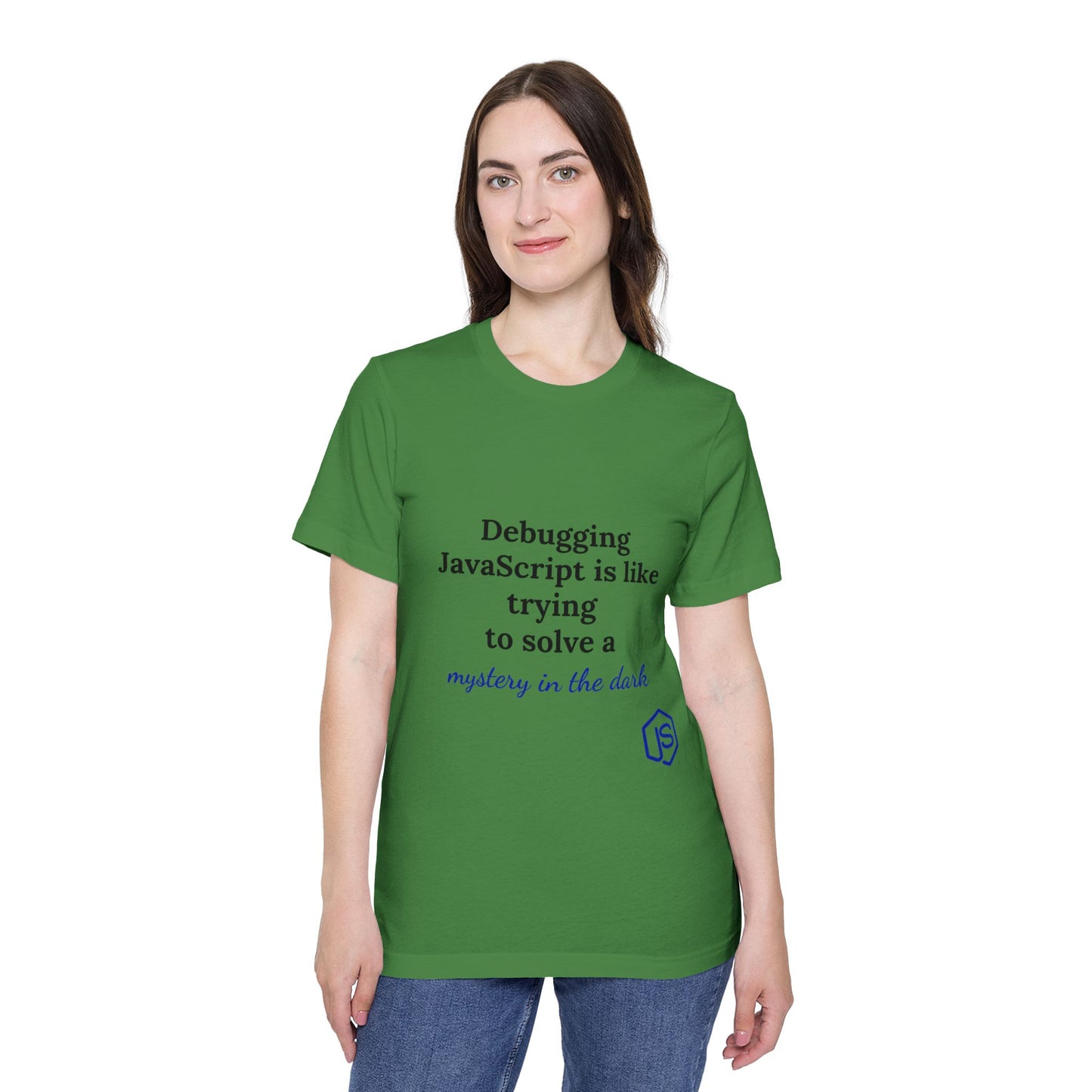 Debugging JavaScript is Like Trying to Solve a Mystery in the Dark | Funny Coding T-Shirt for Developers | Usha Creations