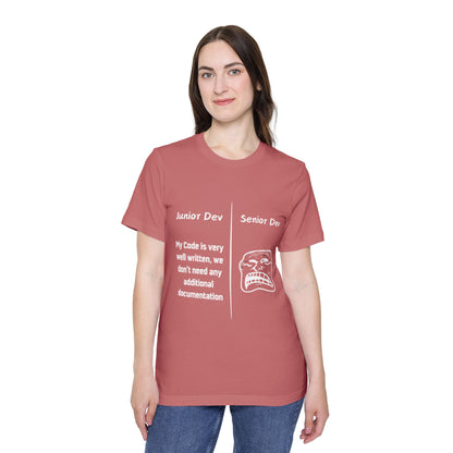 Junior vs Senior Dev Documentation Humor T Shirt | Coding Best Practices Meme Tees | Usha Creations