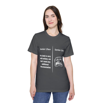 Junior vs Senior Dev Documentation Humor T Shirt | Coding Best Practices Meme Tees | Usha Creations