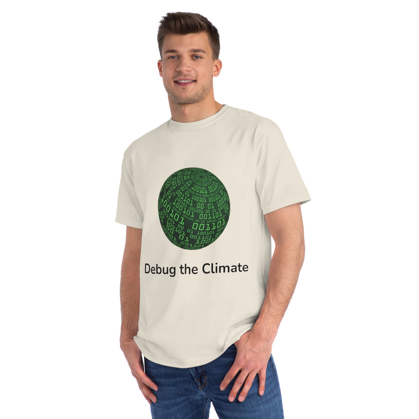 Debug the Climate Binary Globe Tee | Eco Coder Shirt | Usha Creations