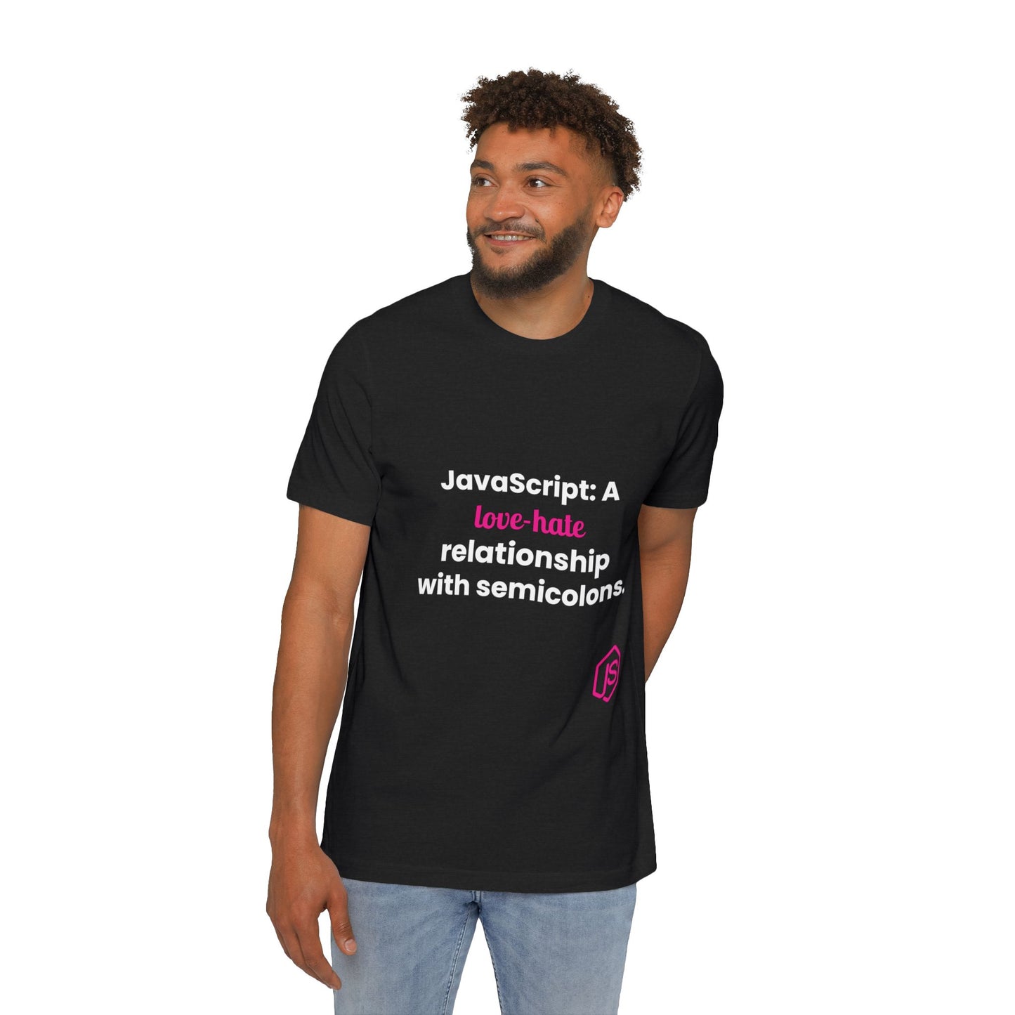 JavaScript: A Love-Hate Relationship with Semicolons | Funny Coding T-Shirt for Developers | Usha Creations