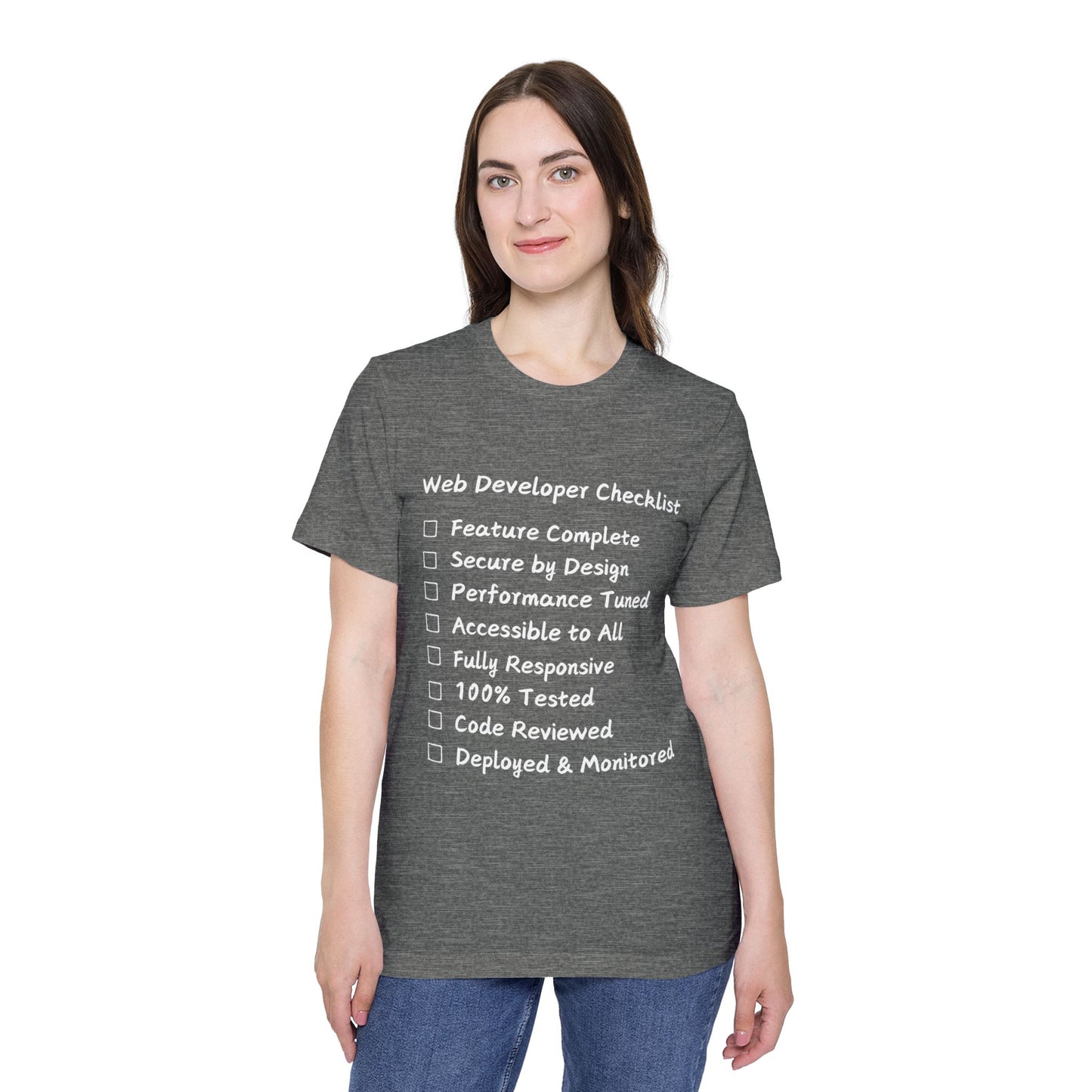 Web Developer Comprehensive Checklist Humor T Shirt | Full-Stack Meme Tees | Usha Creations