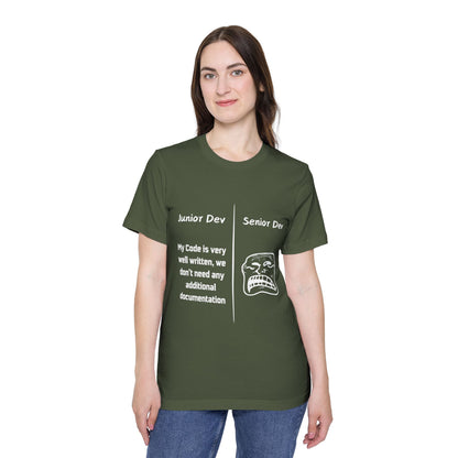 Junior vs Senior Dev Documentation Humor T Shirt | Coding Best Practices Meme Tees | Usha Creations