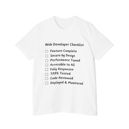 Web Developer Comprehensive Checklist Humor T Shirt | Full-Stack Meme Tees | Usha Creations