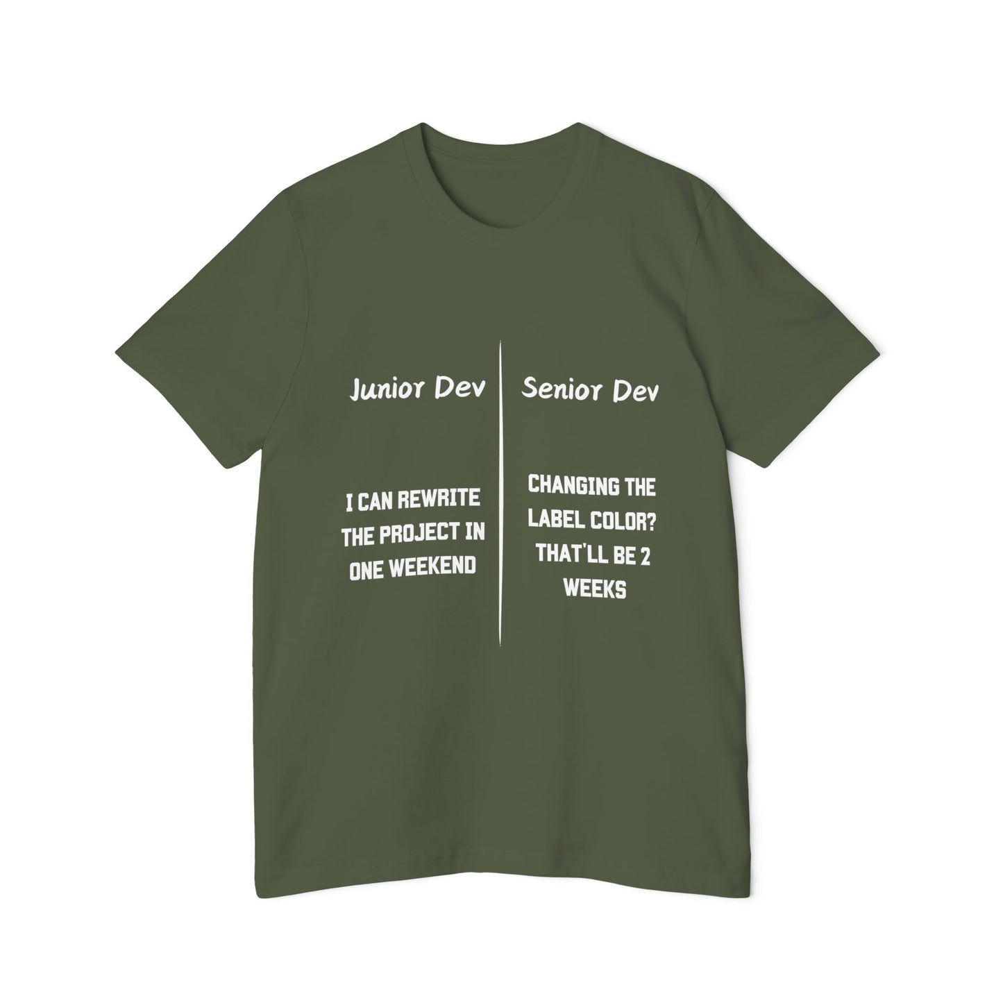 Junior vs Senior Developer Perspective Humor T Shirt | Software Engineering Meme Tees | Usha Creations