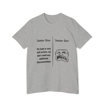 Junior vs Senior Dev Documentation Humor T Shirt | Coding Best Practices Meme Tees | Usha Creations