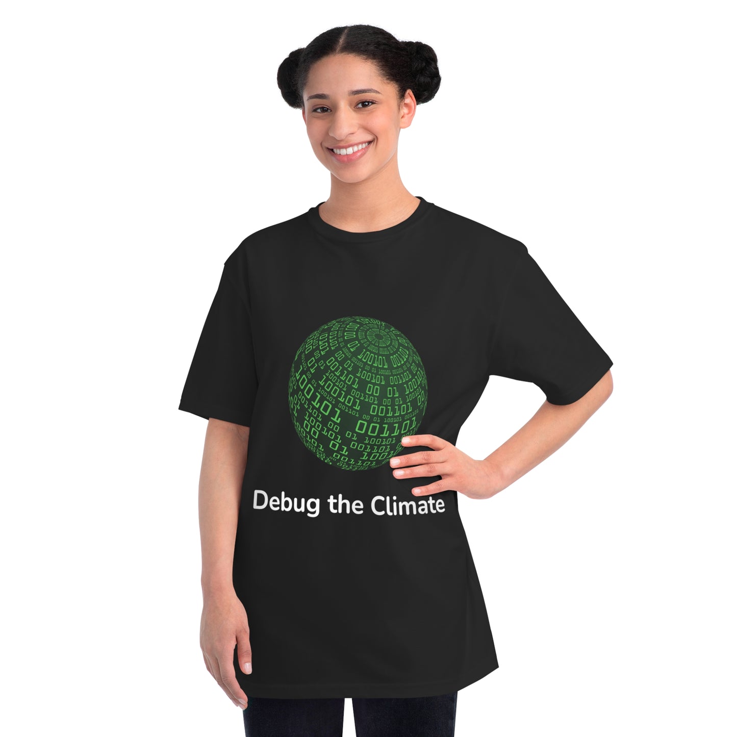 Debug the Climate Binary Globe Tee | Eco Coder Shirt | Usha Creations