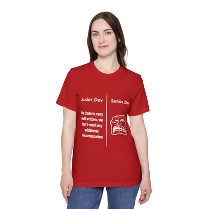 Junior vs Senior Dev Documentation Humor T Shirt | Coding Best Practices Meme Tees | Usha Creations