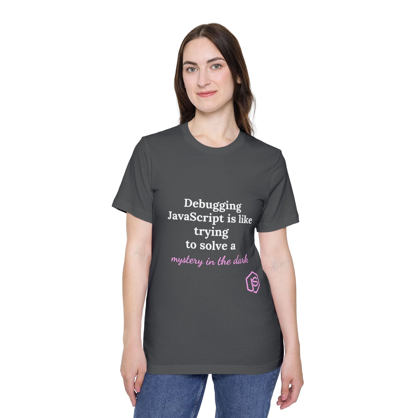 Debugging JavaScript is Like Trying to Solve a Mystery in the Dark | Funny Coding T-Shirt for Developers | Usha Creations