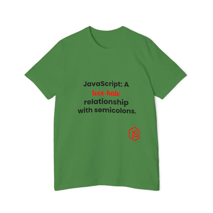 JavaScript: A Love-Hate Relationship with Semicolons | Funny Coding T-Shirt for Developers | Usha Creations