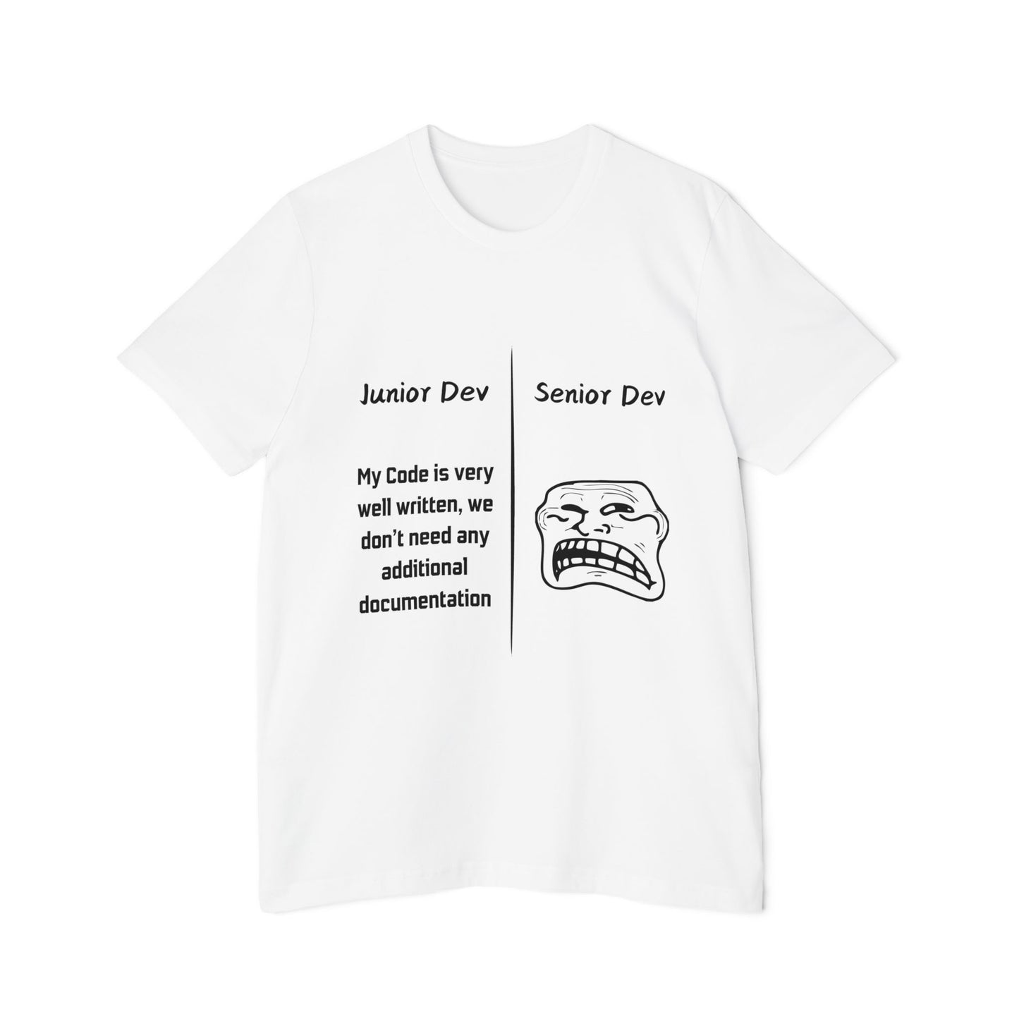 Junior vs Senior Dev Documentation Humor T Shirt | Coding Best Practices Meme Tees | Usha Creations