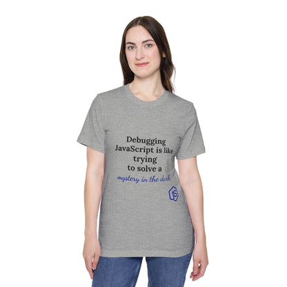 Debugging JavaScript is Like Trying to Solve a Mystery in the Dark | Funny Coding T-Shirt for Developers | Usha Creations