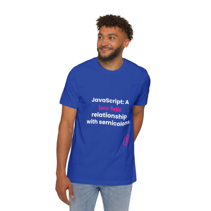 JavaScript: A Love-Hate Relationship with Semicolons | Funny Coding T-Shirt for Developers | Usha Creations