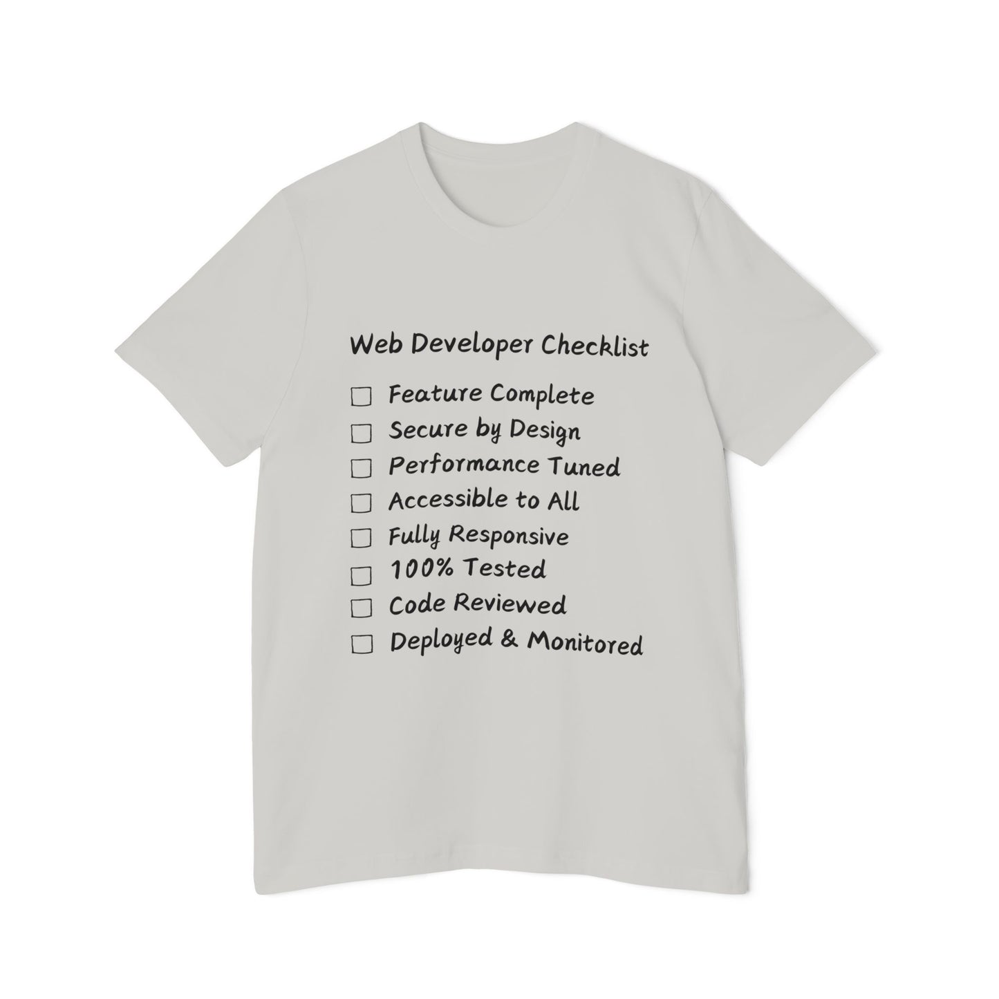 Web Developer Comprehensive Checklist Humor T Shirt | Full-Stack Meme Tees | Usha Creations