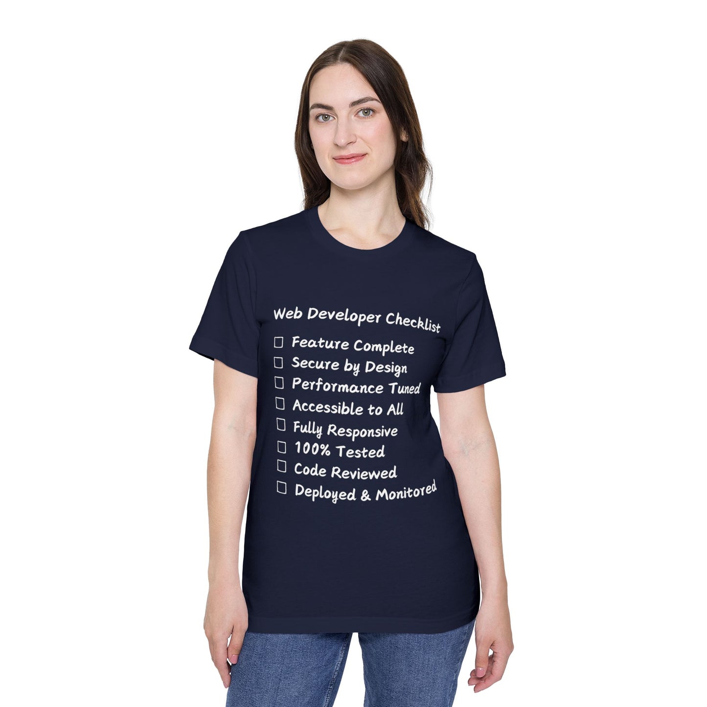 Web Developer Comprehensive Checklist Humor T Shirt | Full-Stack Meme Tees | Usha Creations