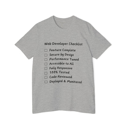 Web Developer Comprehensive Checklist Humor T Shirt | Full-Stack Meme Tees | Usha Creations