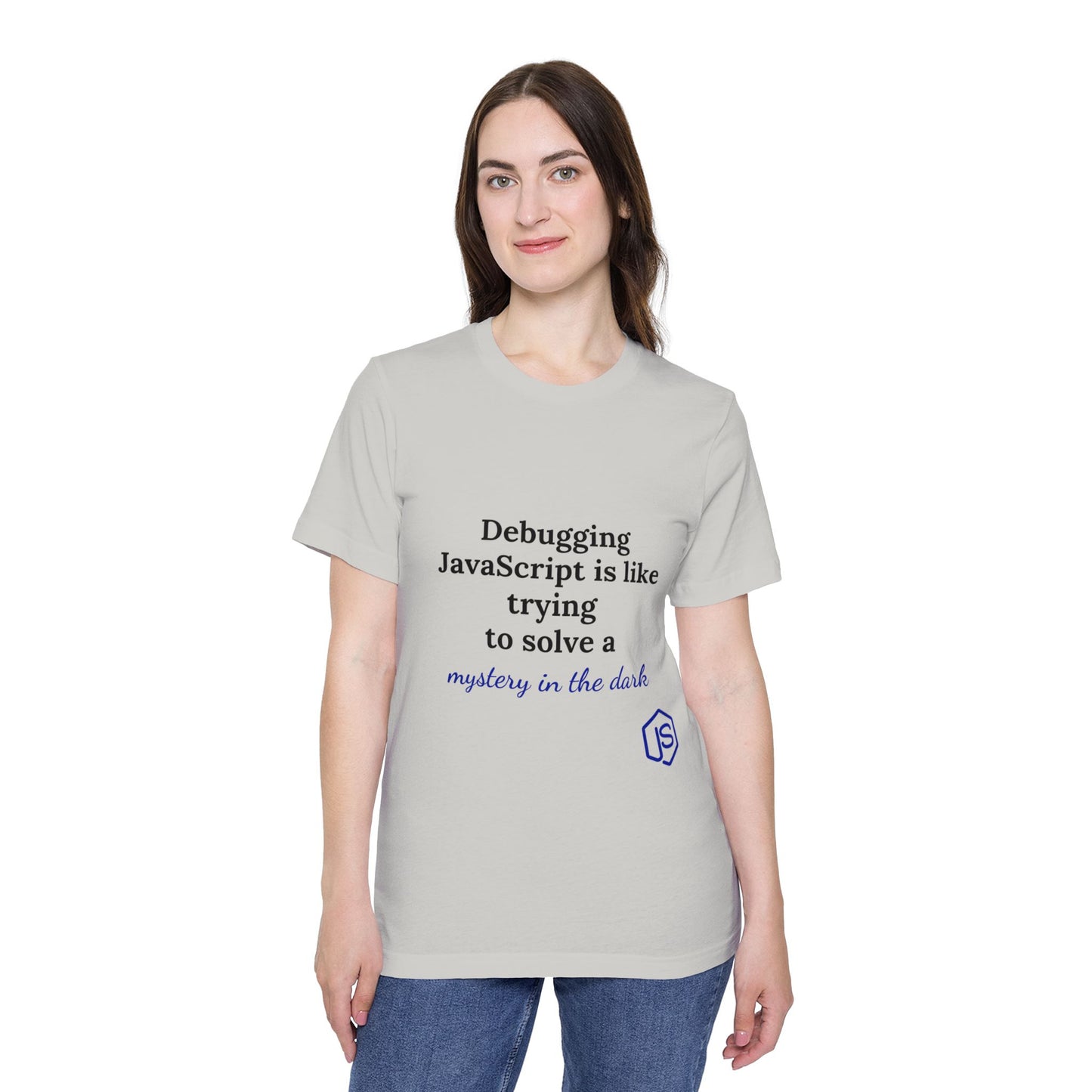 Debugging JavaScript is Like Trying to Solve a Mystery in the Dark | Funny Coding T-Shirt for Developers | Usha Creations