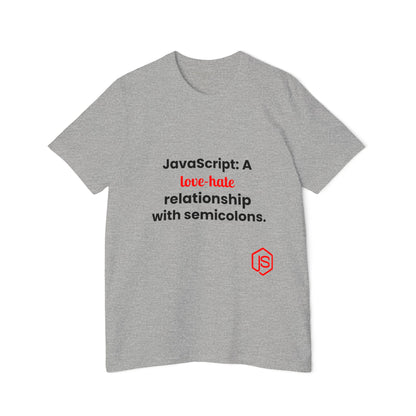 JavaScript: A Love-Hate Relationship with Semicolons | Funny Coding T-Shirt for Developers | Usha Creations