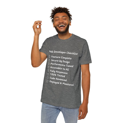 Web Developer Comprehensive Checklist Humor T Shirt | Full-Stack Meme Tees | Usha Creations