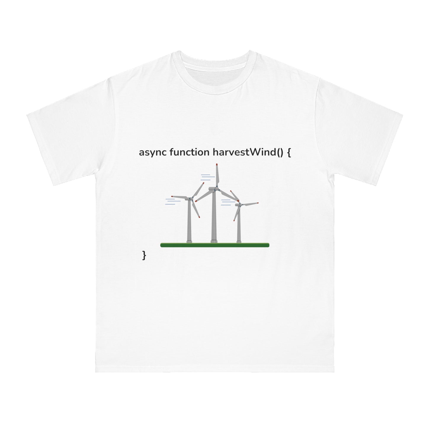 Async harvestWind() Tee | Green Code Wind Energy Shirt | Usha Creations