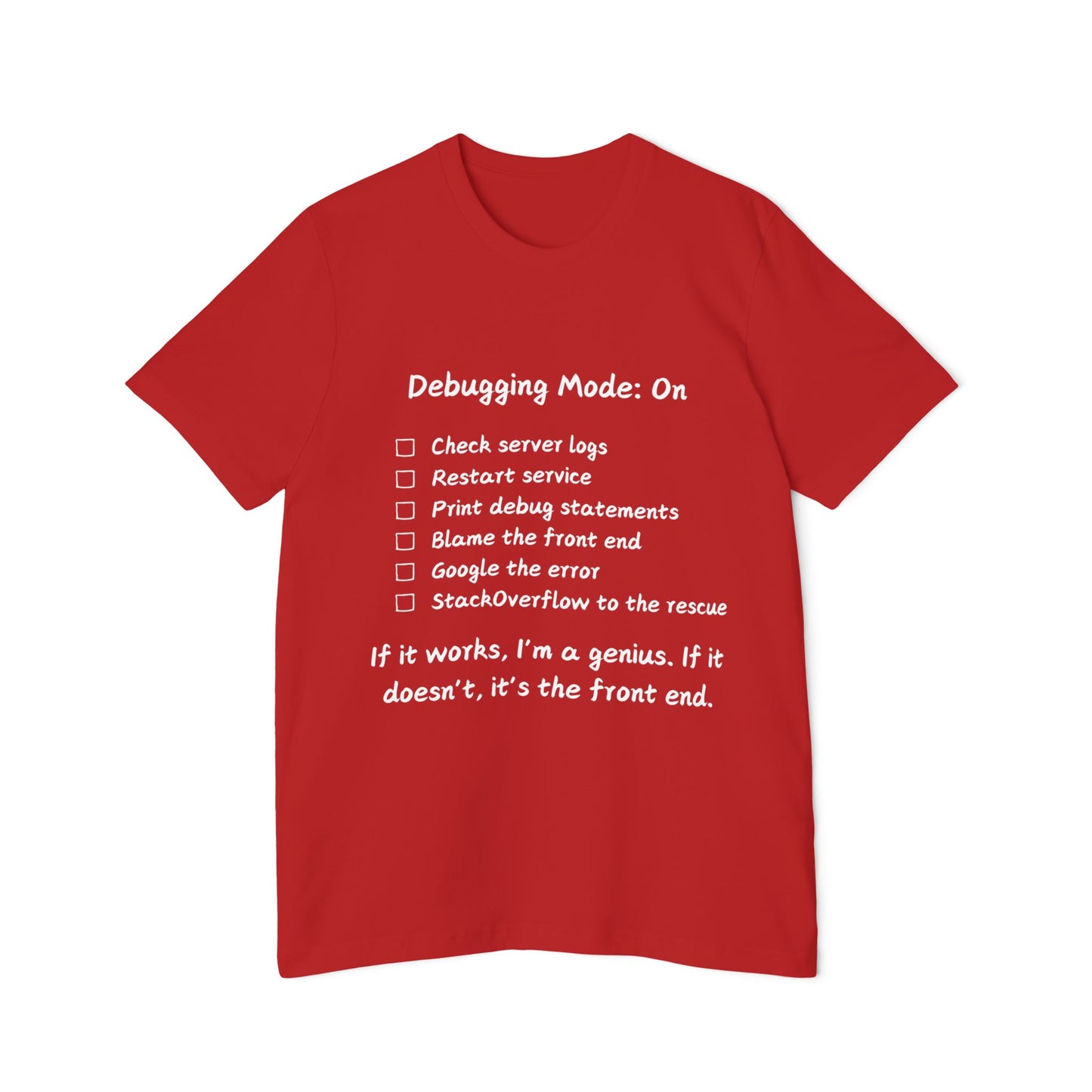 Debugging Mode Developer Humor T Shirt | Backend vs Frontend Meme Tees | Usha Creations