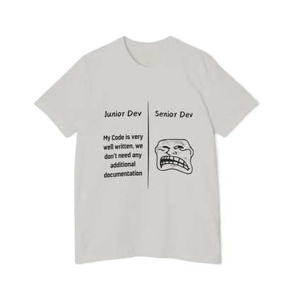 Junior vs Senior Dev Documentation Humor T Shirt | Coding Best Practices Meme Tees | Usha Creations