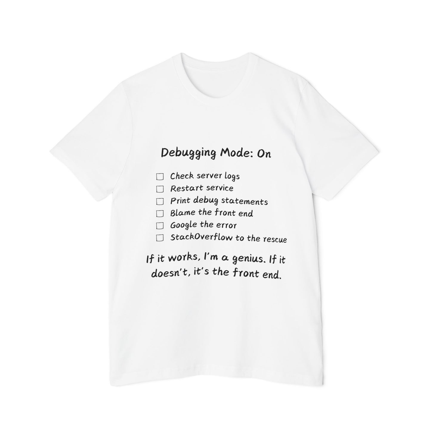 Debugging Mode Developer Humor T Shirt | Backend vs Frontend Meme Tees | Usha Creations