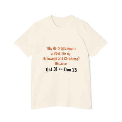 Why Do Programmers Always Mix Up Halloween and Christmas? Because Oct 31 == Dec 25 | Funny Tech T-Shirt for Developers | Usha Creations