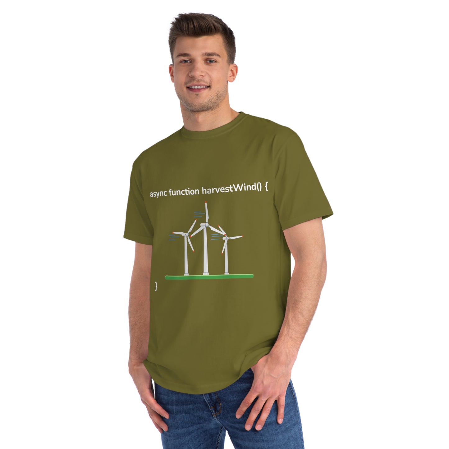 Async harvestWind() Tee | Green Code Wind Energy Shirt | Usha Creations