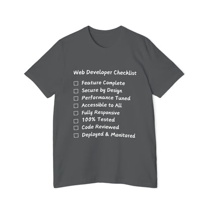 Web Developer Comprehensive Checklist Humor T Shirt | Full-Stack Meme Tees | Usha Creations