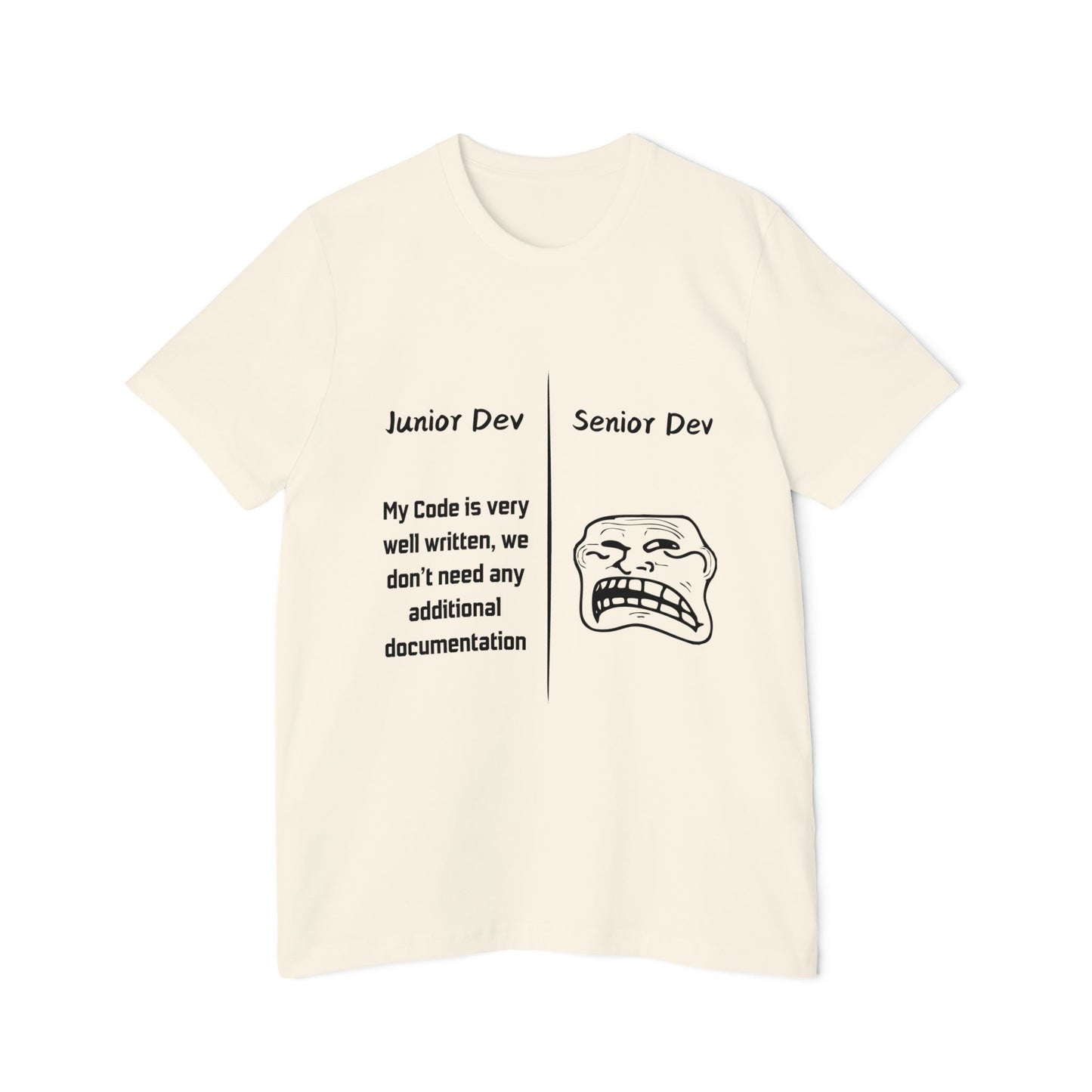 Junior vs Senior Dev Documentation Humor T Shirt | Coding Best Practices Meme Tees | Usha Creations