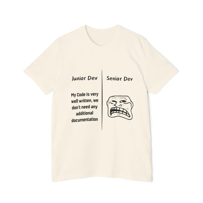 Junior vs Senior Dev Documentation Humor T Shirt | Coding Best Practices Meme Tees | Usha Creations