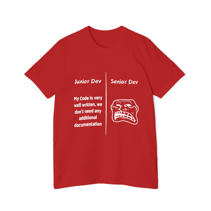 Junior vs Senior Dev Documentation Humor T Shirt | Coding Best Practices Meme Tees | Usha Creations