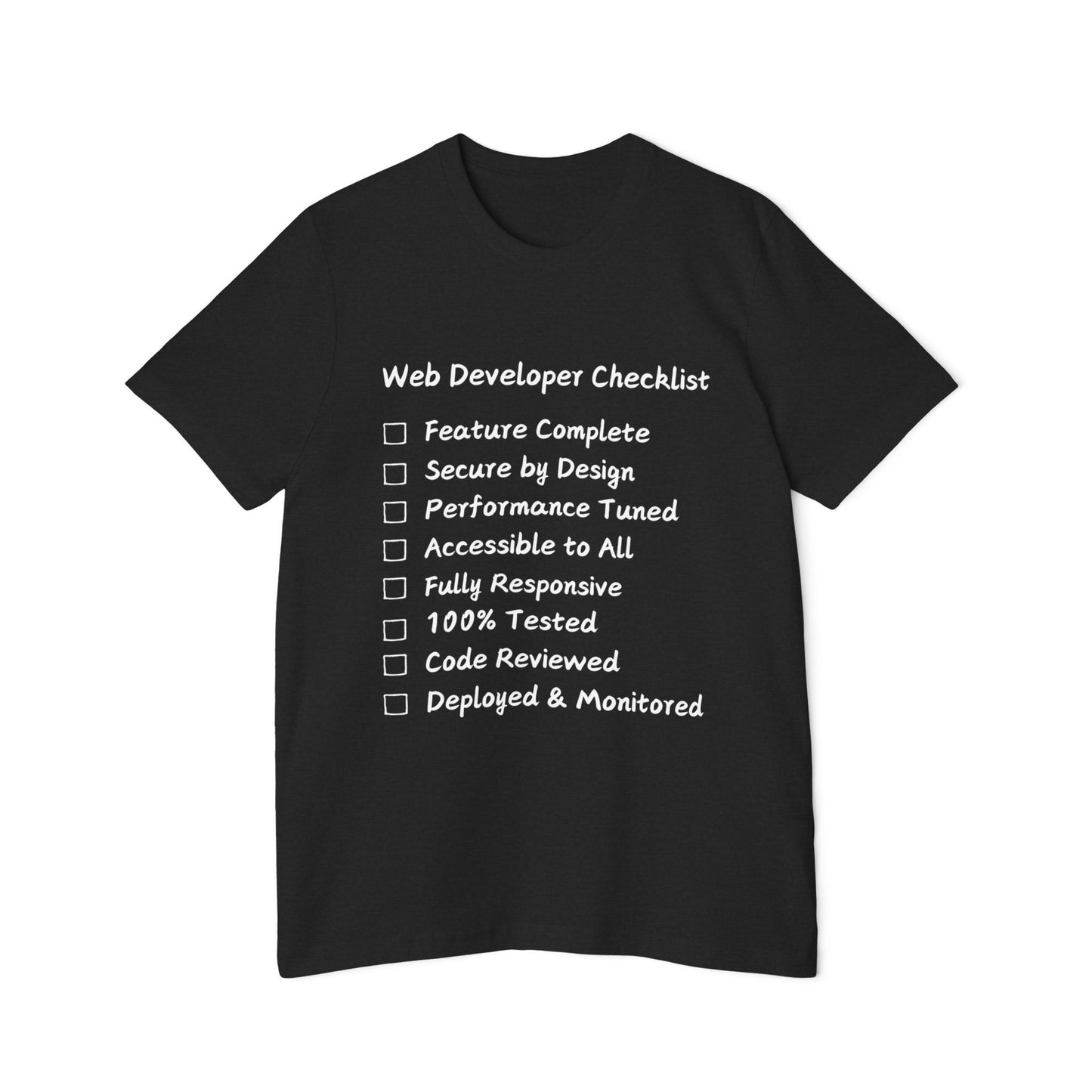 Web Developer Comprehensive Checklist Humor T Shirt | Full-Stack Meme Tees | Usha Creations